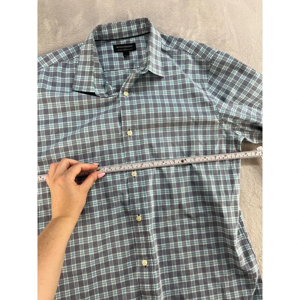 Banana Republic Dress Shirt Mens L 16 Non-Iron Tailored Slim Fit Blue Check